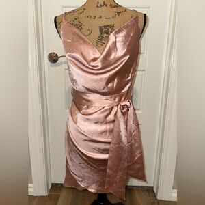 Brand New Light Pink Satin Cocktail Dress with Draped Neckline